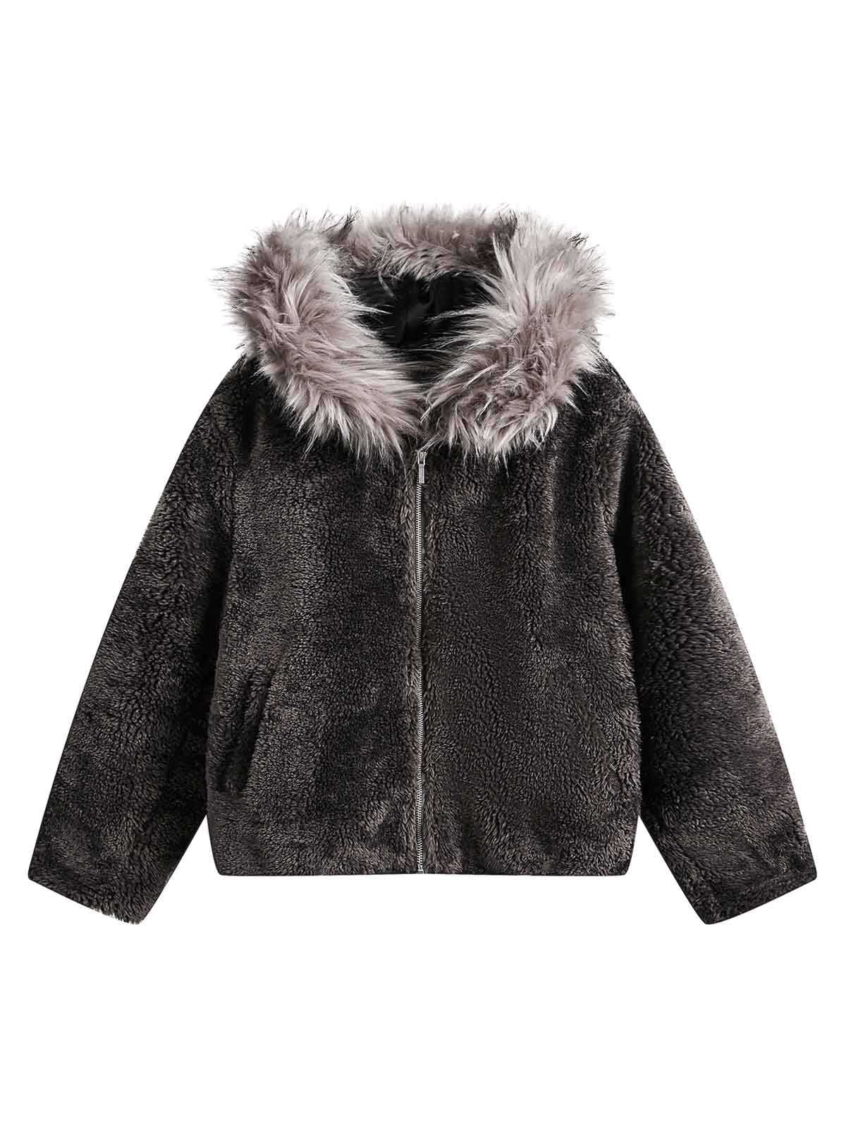 Fur Hooded Quilted Sherpa Jacket Casual Winter Outerwear - 10306
