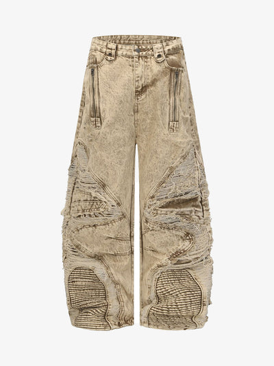 Distressed Raw-Edge Panel Sculpted Wide-Leg Jeans