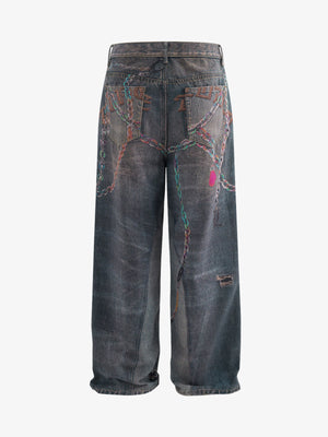Vintage Wash Baggy Jeans with Chain Print – back view | XoKool