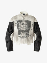 Skull Print Paneled Stand-Up Collar Leather Jacket