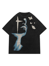 Express your individuality with the Abstract Portrait Print T Shirt — where art meets fashion. Made from a soft and breathable cotton blend, this short-sleeve tee features a striking graphic print combining an abstract face and cross motif. Designed with