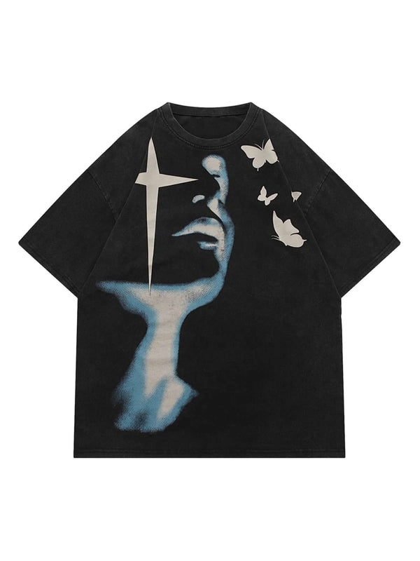Express your individuality with the Abstract Portrait Print T Shirt — where art meets fashion. Made from a soft and breathable cotton blend, this short-sleeve tee features a striking graphic print combining an abstract face and cross motif. Designed with