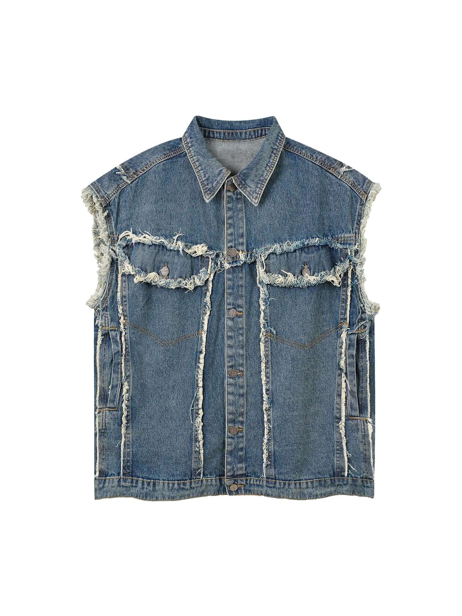 High Street Washed Raw Edge Denim Vest Casual Street Style - 10403
