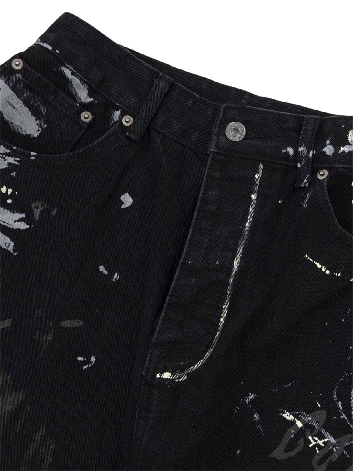 Schwarze Wide Leg Jeans mit Graffiti-Print – Nahaufnahme Hosenschlitz | XoKool