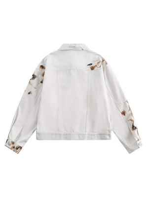Bring vintage attitude to your wardrobe with the American Retro Lace Patchwork Denim Jacket. This cropped, lightweight piece blends edgy snake print with delicate lace patchwork, creating a bold yet feminine look. Designed with long sleeves, front pocket