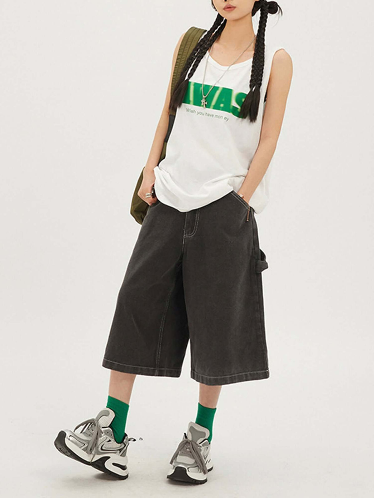 Washed Black Baggy Carpenter Jorts – on model, front | XoKool