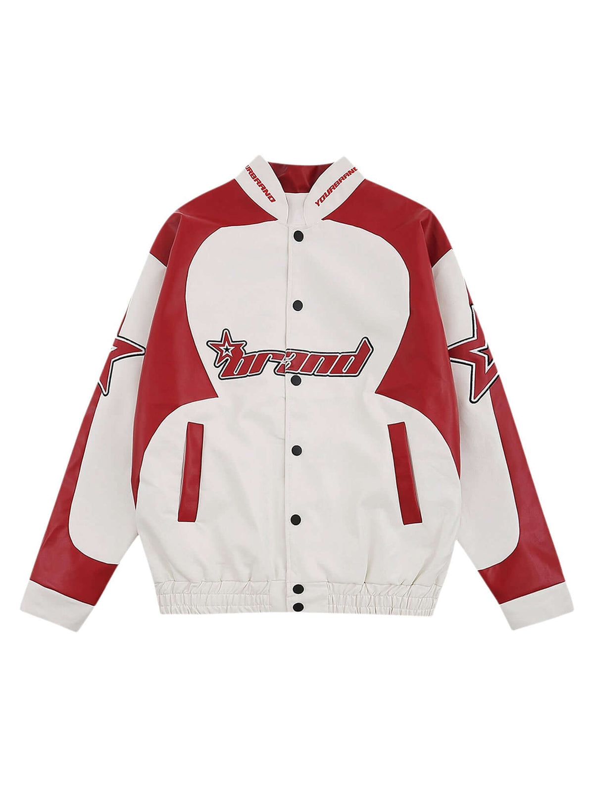Colorblock Faux Leather Racing Jacket – White/Red, front view | XoKool