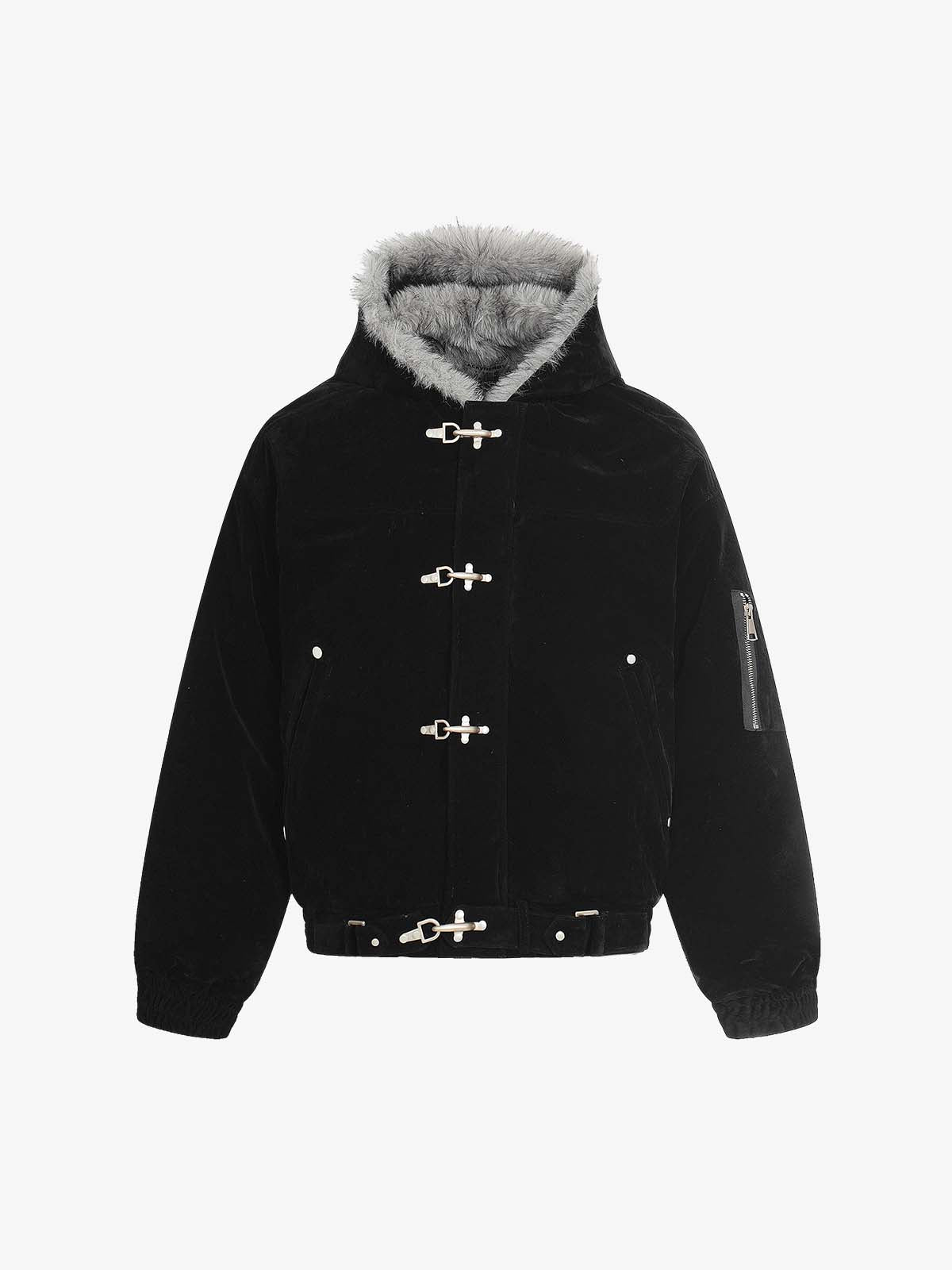 Streetwear Metal Clip Faux Fur Hooded Suede Bomber Jacket