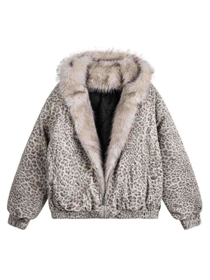 Wrap yourself in bold comfort with the Cheetah Print Mink Fur Hooded Jacket. Made from ultra-soft faux fur with cozy sherpa lining, this winter-ready jacket combines warmth with standout style. It features a detachable hood for versatile wear, ribbed cuff