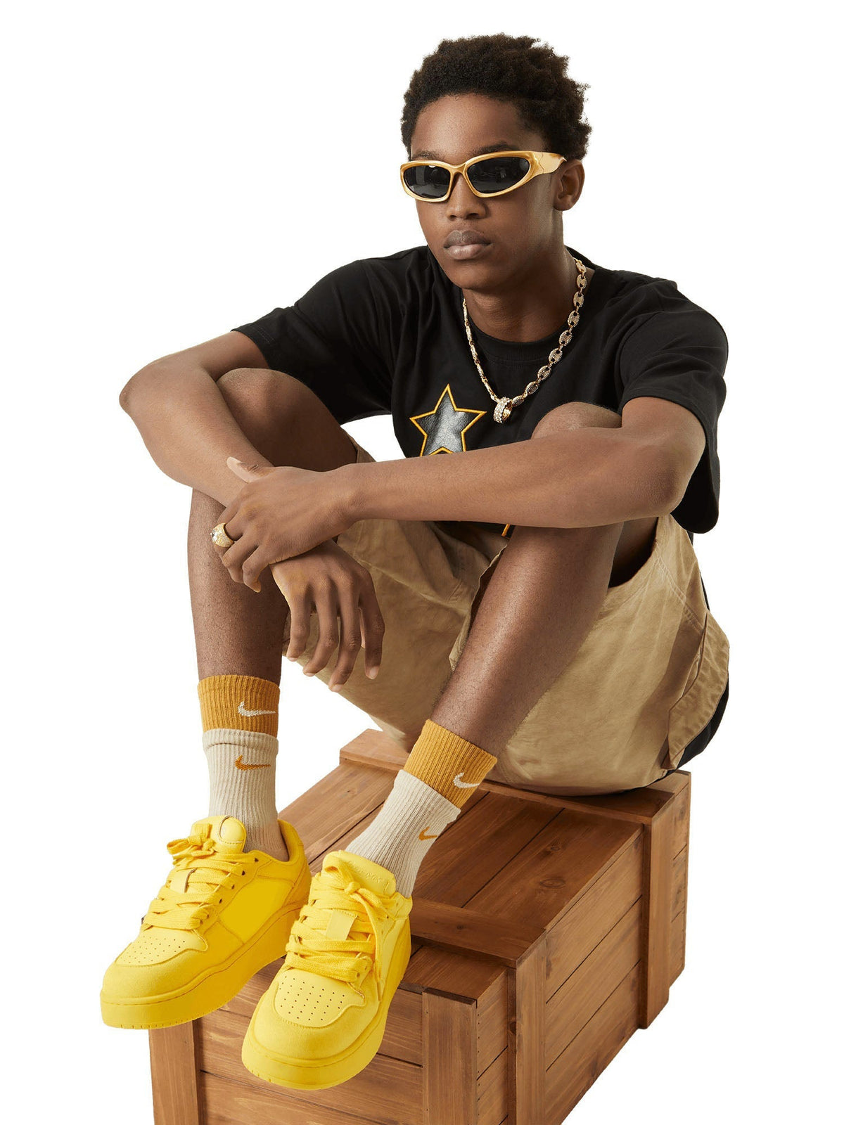 Yellow Chunky Low Top Sneakers with Tonal Overlays – on model seated, yellow | XoKool