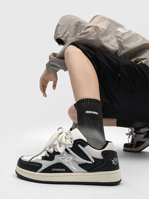 Star Patch Skate Sneakers with Puffy Laces – on model, black/white | XoKool