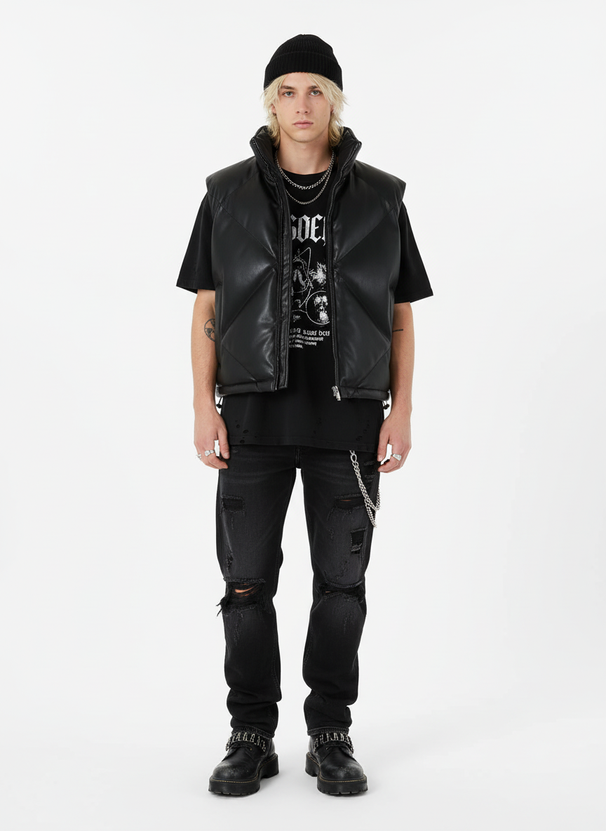 Minimalist Faux Leather Stand Collar Puffer Vest - image 5