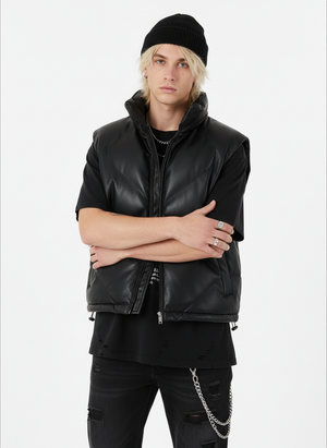 Minimalist Faux Leather Stand Collar Puffer Vest - thumbnail 2