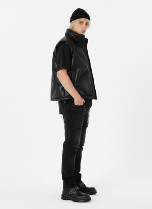 Minimalist Faux Leather Stand Collar Puffer Vest - thumbnail 7