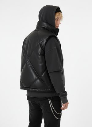 Minimalist Faux Leather Stand Collar Puffer Vest - thumbnail 4