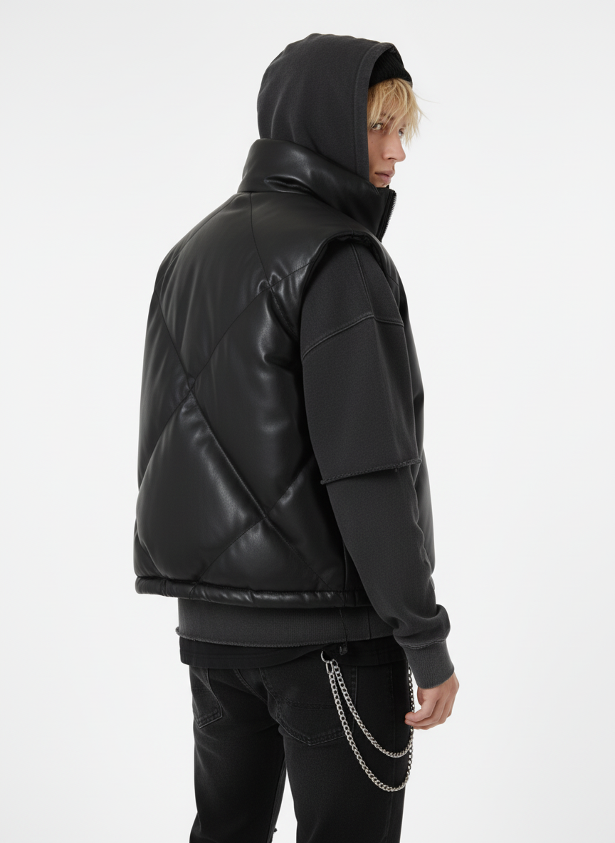 Minimalist Faux Leather Stand Collar Puffer Vest - image 4