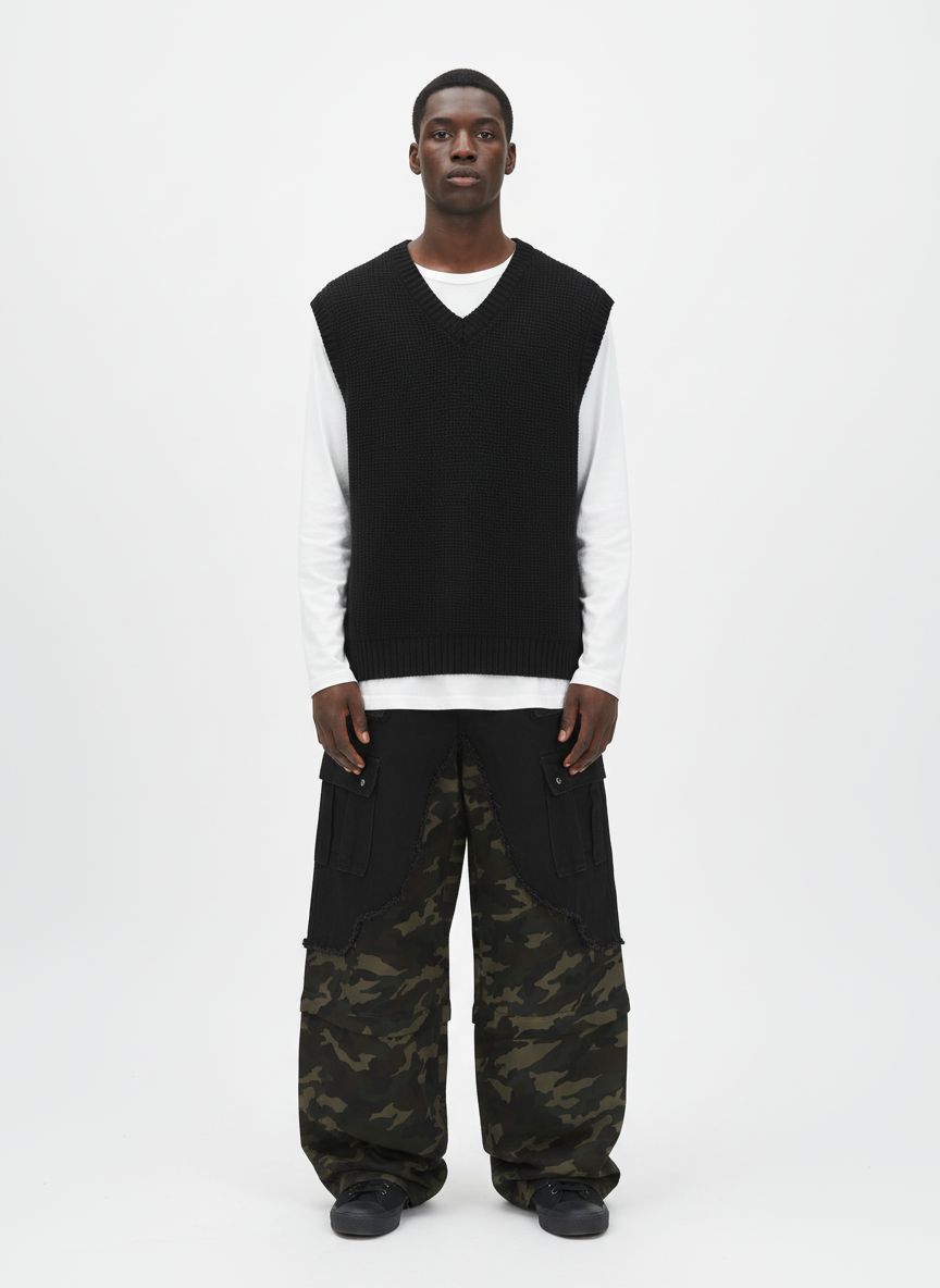 Retro Camouflage Faux Two-Piece Detachable Patchwork Pants - image 4