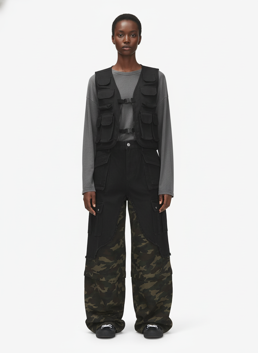 Retro Camouflage Faux Two-Piece Detachable Patchwork Pants - image 3
