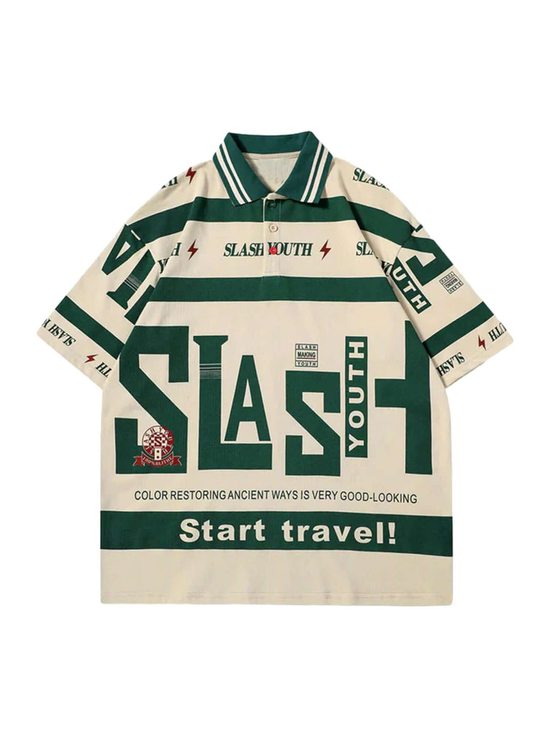 Refresh your streetwear wardrobe with the Contrast Color Slash Polo Shirt. Made from a breathable and lightweight cotton blend, this short sleeve polo combines a bold typography graphic with a dynamic color block pattern for a standout look. Featuring a c