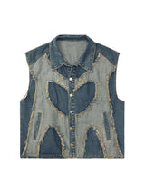 Make a bold style statement with the Contrast Denim Heart Stitching Street Rap Vest. Crafted from durable denim, this sleeveless vest features a standout reflective heart design that brings a modern twist to edgy streetwear. With a front zipper closure an