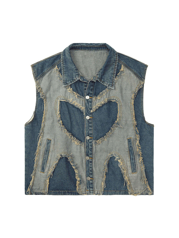 Make a bold style statement with the Contrast Denim Heart Stitching Street Rap Vest. Crafted from durable denim, this sleeveless vest features a standout reflective heart design that brings a modern twist to edgy streetwear. With a front zipper closure an