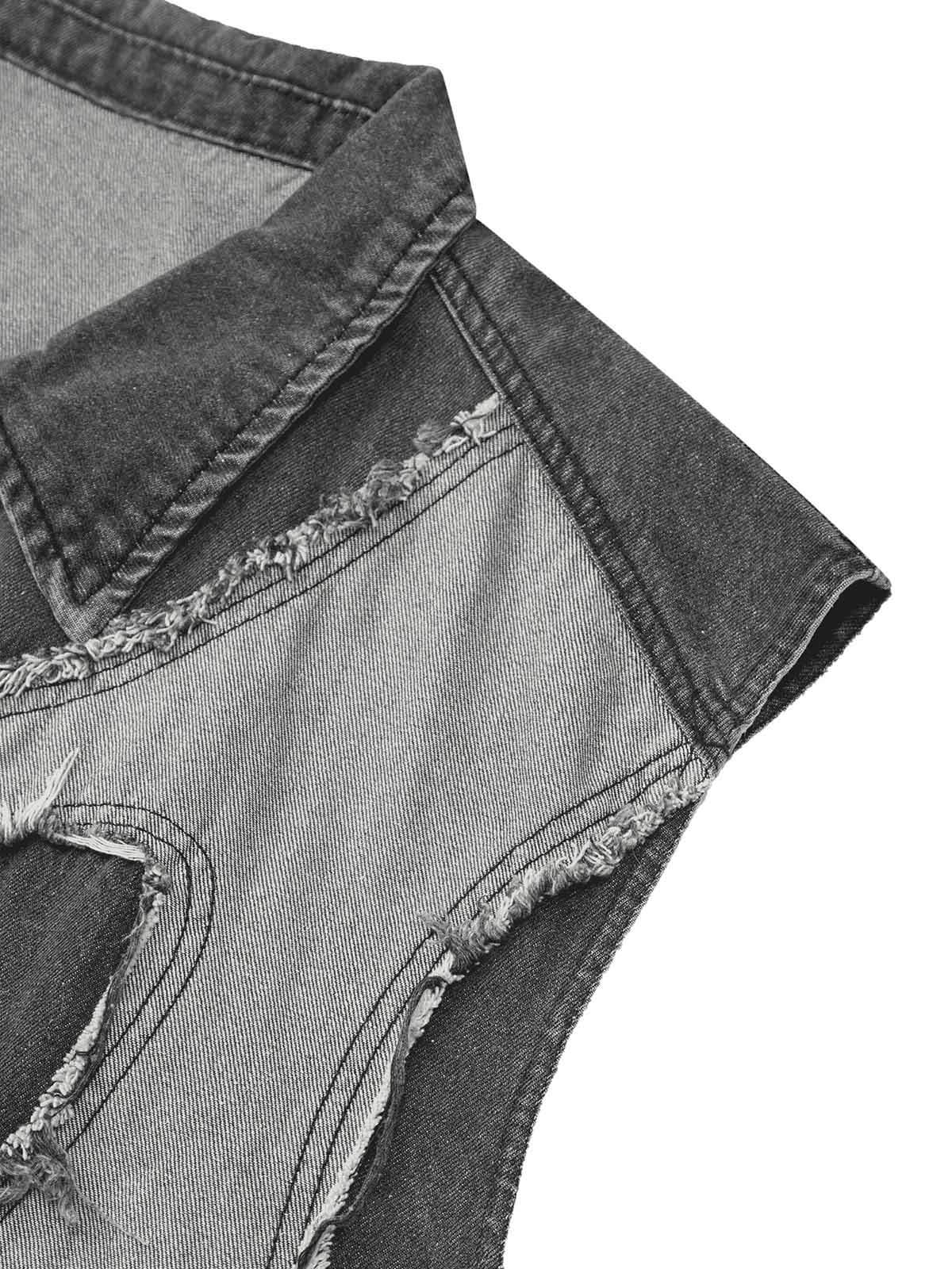 Make a bold style statement with the Contrast Denim Heart Stitching Street Rap Vest. Crafted from durable denim, this sleeveless vest features a standout reflective heart design that brings a modern twist to edgy streetwear. With a front zipper closure an