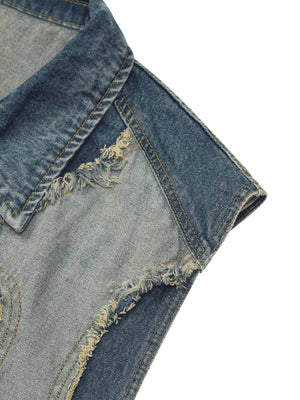 Make a bold style statement with the Contrast Denim Heart Stitching Street Rap Vest. Crafted from durable denim, this sleeveless vest features a standout reflective heart design that brings a modern twist to edgy streetwear. With a front zipper closure an