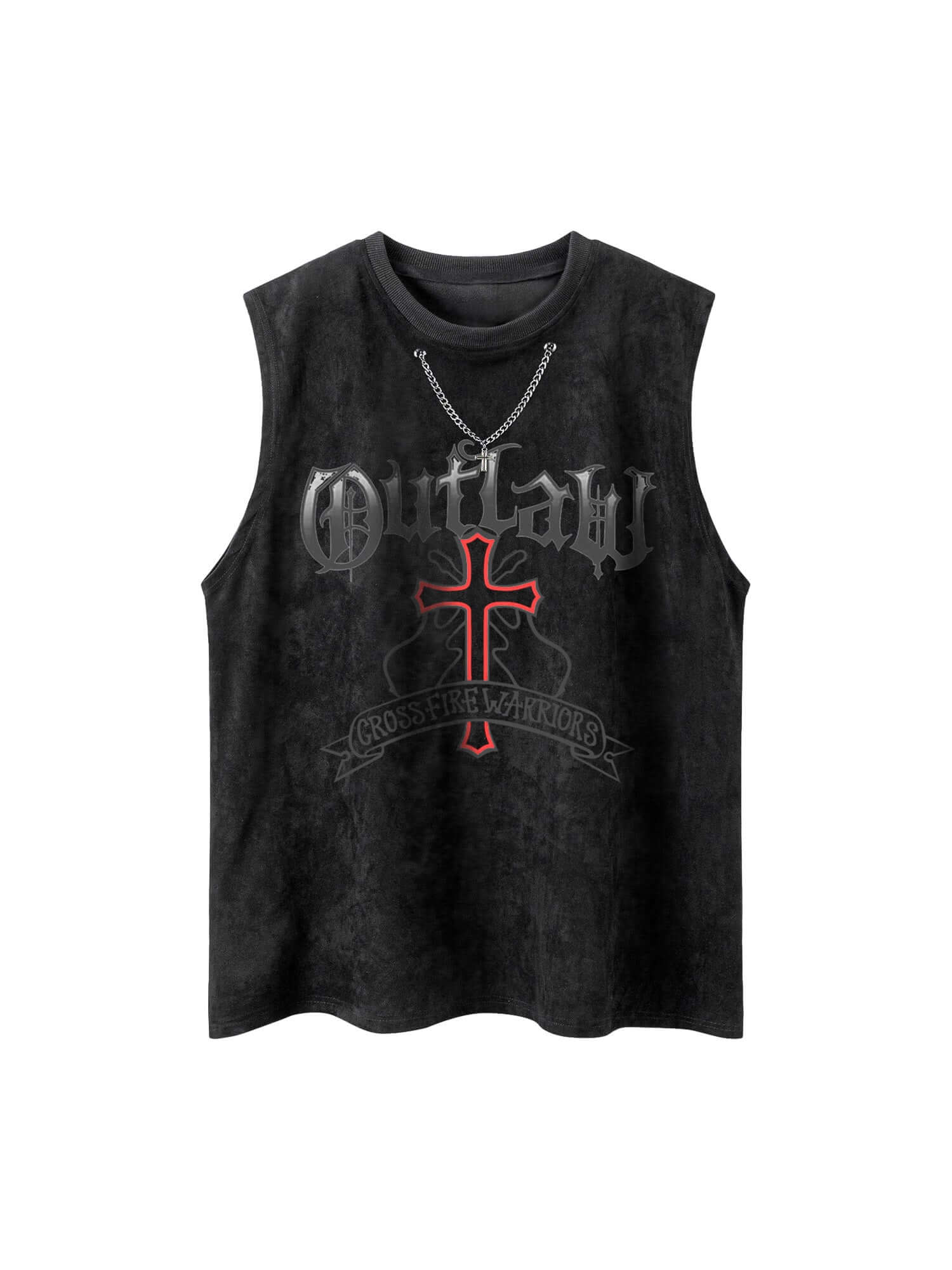 Command attention with the Cross Chain Suede Street Rap Sleeveless Vest — a bold fusion of streetwear energy and rugged attitude. Made from soft cotton with a distressed finish, this sleeveless vest features a striking red cross graphic and chain-inspired
