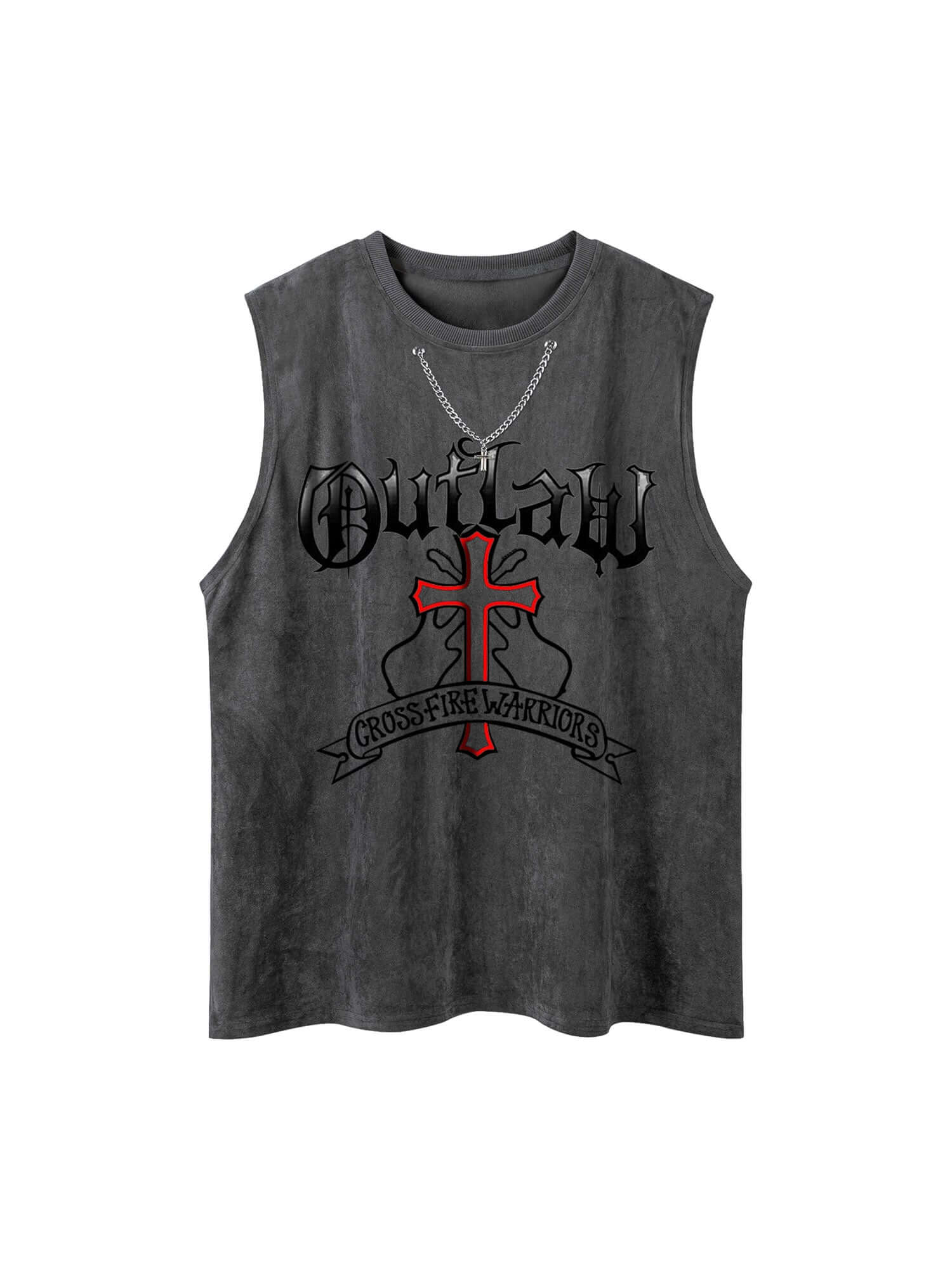 Command attention with the Cross Chain Suede Street Rap Sleeveless Vest — a bold fusion of streetwear energy and rugged attitude. Made from soft cotton with a distressed finish, this sleeveless vest features a striking red cross graphic and chain-inspired