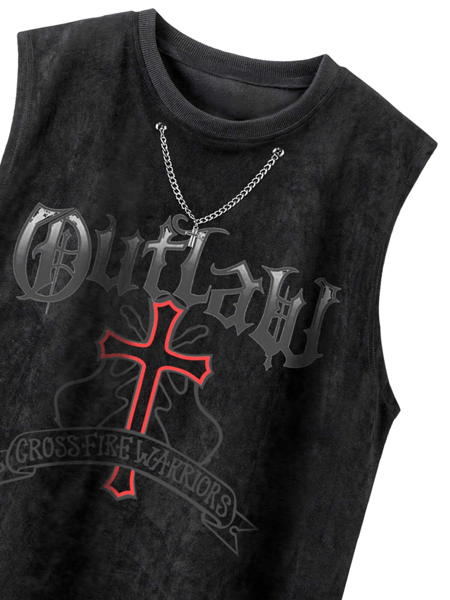 Command attention with the Cross Chain Suede Street Rap Sleeveless Vest — a bold fusion of streetwear energy and rugged attitude. Made from soft cotton with a distressed finish, this sleeveless vest features a striking red cross graphic and chain-inspired