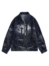 Stay protected and stylish with the Cross Jacquard Zip Up Denim Jacket — a modern essential for winter streetwear. Crafted from durable water-resistant nylon, this jacket features a reflective surface for enhanced visibility, a zippered front closure, and