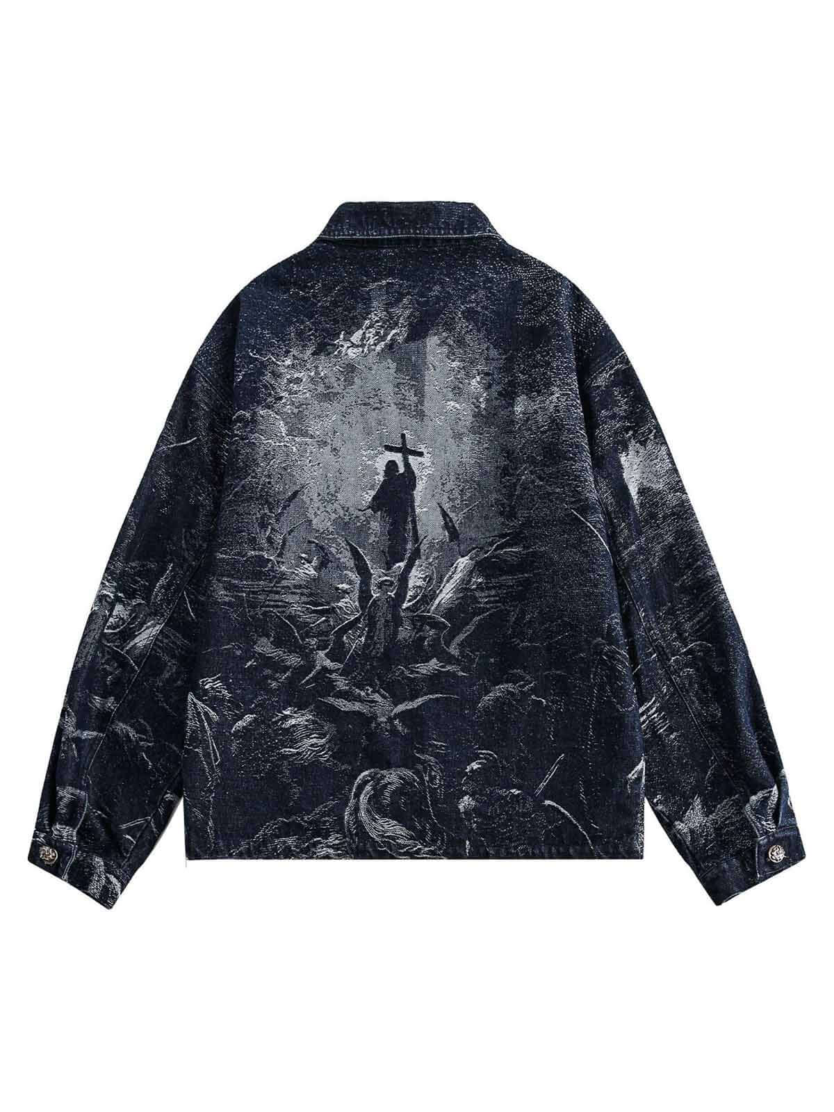 Stay protected and stylish with the Cross Jacquard Zip Up Denim Jacket — a modern essential for winter streetwear. Crafted from durable water-resistant nylon, this jacket features a reflective surface for enhanced visibility, a zippered front closure, and