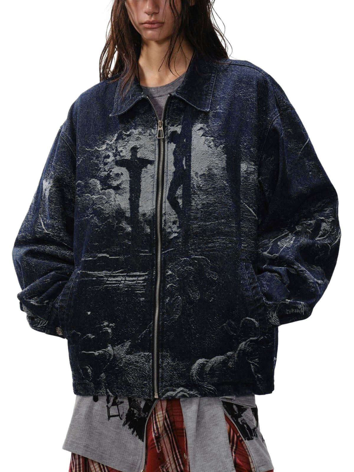 Stay protected and stylish with the Cross Jacquard Zip Up Denim Jacket — a modern essential for winter streetwear. Crafted from durable water-resistant nylon, this jacket features a reflective surface for enhanced visibility, a zippered front closure, and