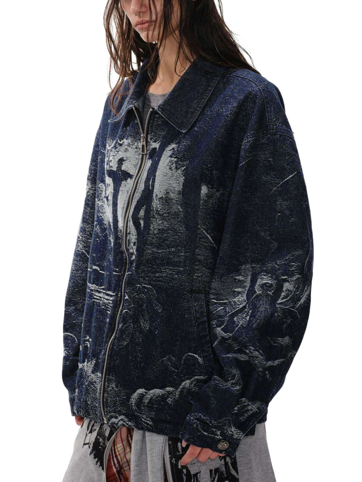 Stay protected and stylish with the Cross Jacquard Zip Up Denim Jacket — a modern essential for winter streetwear. Crafted from durable water-resistant nylon, this jacket features a reflective surface for enhanced visibility, a zippered front closure, and