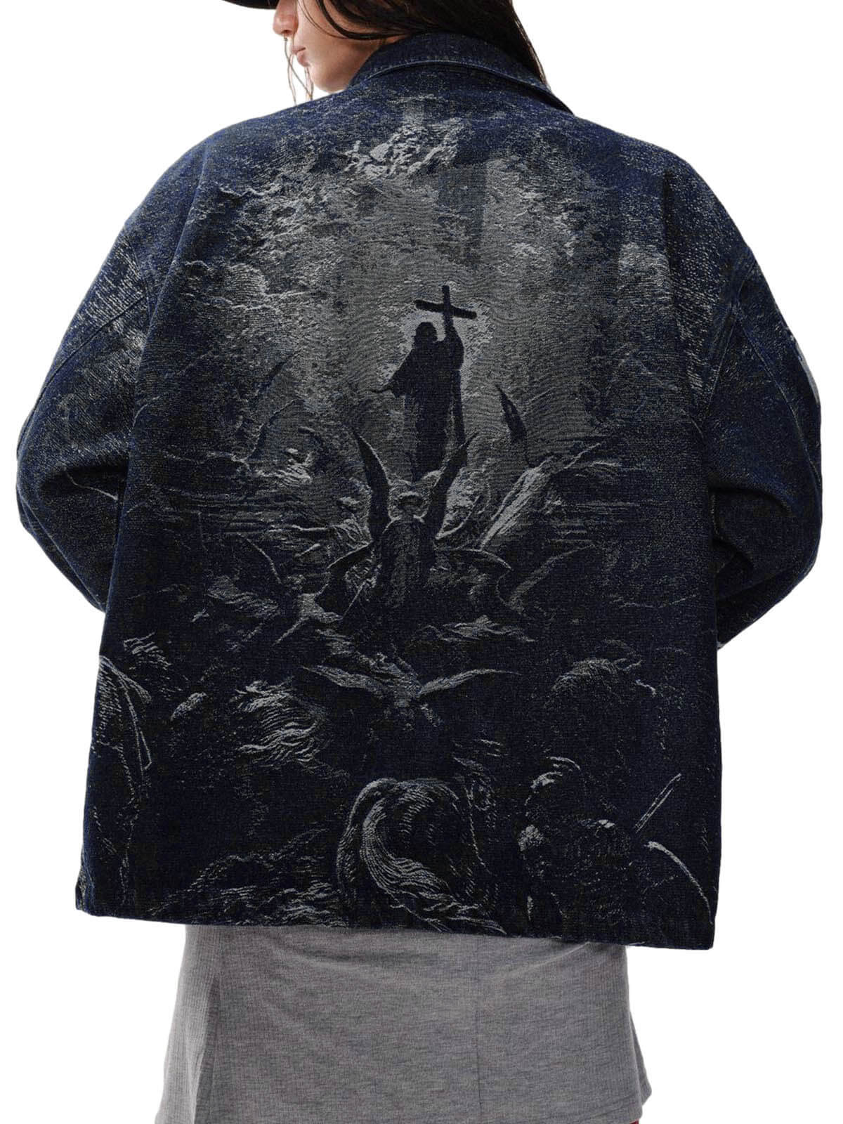Stay protected and stylish with the Cross Jacquard Zip Up Denim Jacket — a modern essential for winter streetwear. Crafted from durable water-resistant nylon, this jacket features a reflective surface for enhanced visibility, a zippered front closure, and