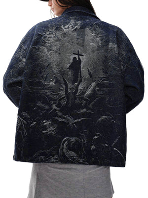 Stay protected and stylish with the Cross Jacquard Zip Up Denim Jacket — a modern essential for winter streetwear. Crafted from durable water-resistant nylon, this jacket features a reflective surface for enhanced visibility, a zippered front closure, and