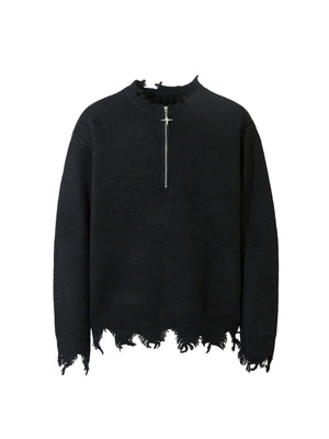 Add effortless edge to your wardrobe with the Distressed Quarter Zip Sweater. Made from a soft and breathable cotton blend, this versatile sweater features a half-zip closure, ribbed cuffs and hem, and distressed edges for a bold, urban look. Perfect for