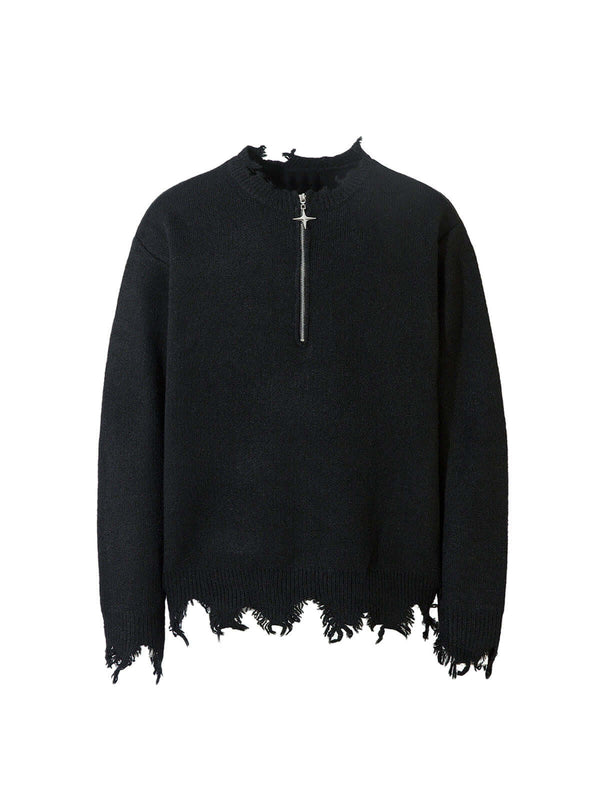 Add effortless edge to your wardrobe with the Distressed Quarter Zip Sweater. Made from a soft and breathable cotton blend, this versatile sweater features a half-zip closure, ribbed cuffs and hem, and distressed edges for a bold, urban look. Perfect for