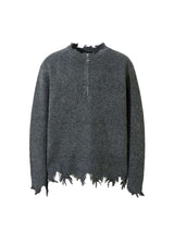 Add effortless edge to your wardrobe with the Distressed Quarter Zip Sweater. Made from a soft and breathable cotton blend, this versatile sweater features a half-zip closure, ribbed cuffs and hem, and distressed edges for a bold, urban look. Perfect for