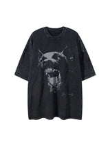 Elevate your casual wardrobe with the Doberman Print Washed T-Shirt. Made from high-quality, breathable cotton, this t-shirt features a comfortable crew neck, short sleeves, and a unique graphic design combining star and face elements. Its oversized fit e