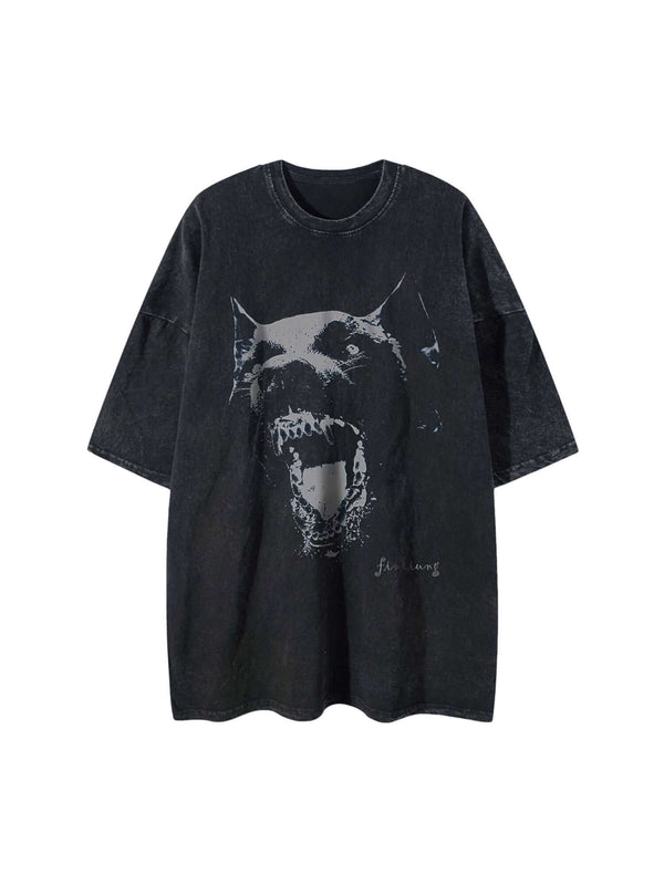 Elevate your casual wardrobe with the Doberman Print Washed T-Shirt. Made from high-quality, breathable cotton, this t-shirt features a comfortable crew neck, short sleeves, and a unique graphic design combining star and face elements. Its oversized fit e