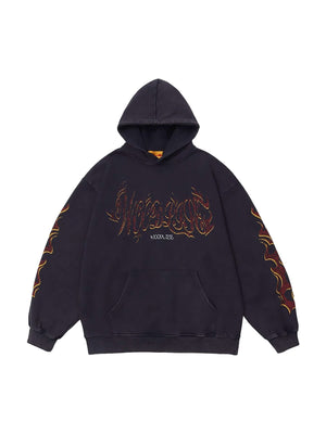 Bring the heat to your wardrobe with the Flame Letter Washed Hooded Sweatshirt. Designed in an oversized fit from a soft cotton blend, this hoodie features distressed flame graphics and gothic typography that create a raw, rebellious edge. Ribbed cuffs an