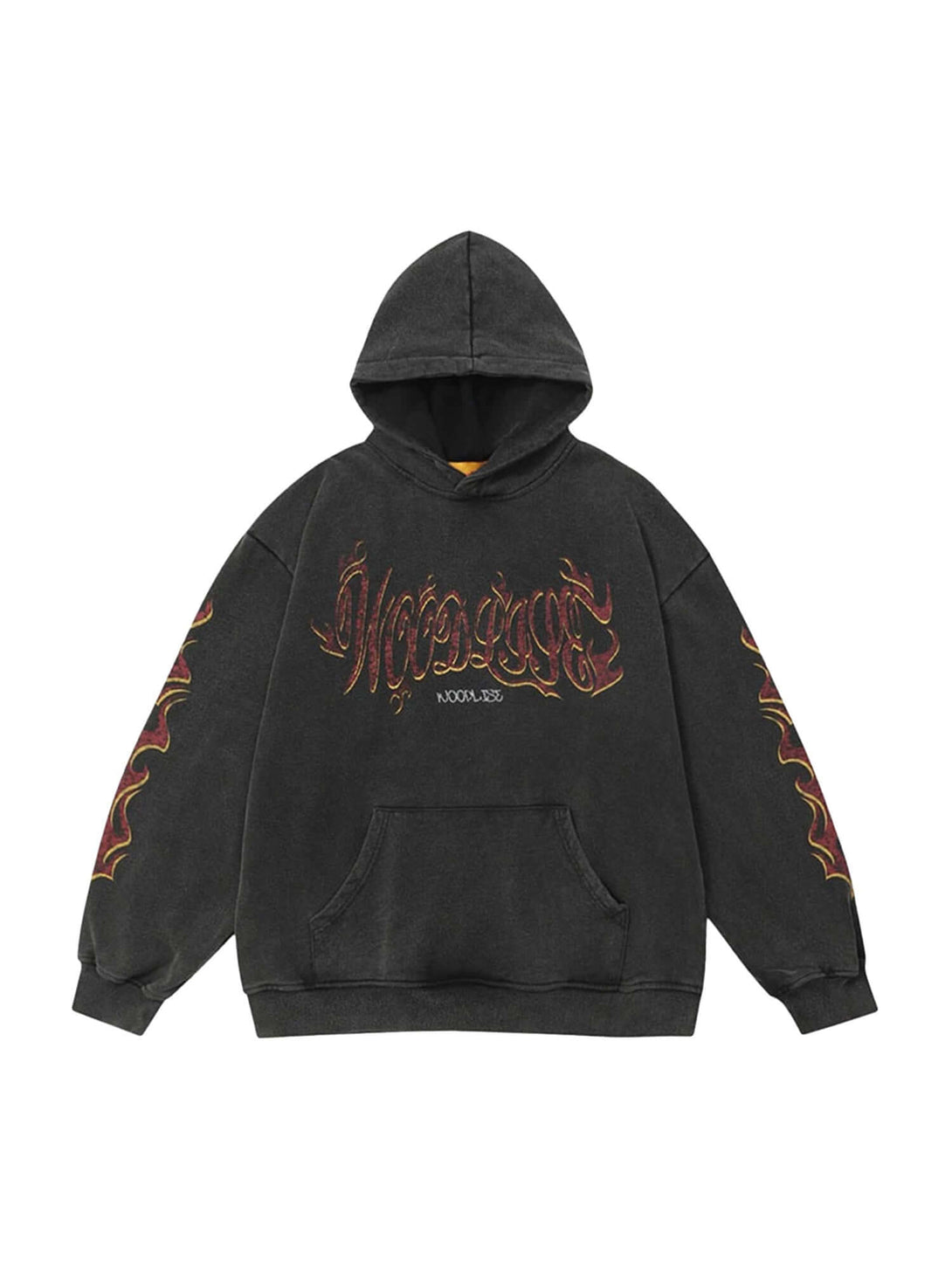 Bring the heat to your wardrobe with the Flame Letter Washed Hooded Sweatshirt. Designed in an oversized fit from a soft cotton blend, this hoodie features distressed flame graphics and gothic typography that create a raw, rebellious edge. Ribbed cuffs an