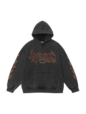Bring the heat to your wardrobe with the Flame Letter Washed Hooded Sweatshirt. Designed in an oversized fit from a soft cotton blend, this hoodie features distressed flame graphics and gothic typography that create a raw, rebellious edge. Ribbed cuffs an
