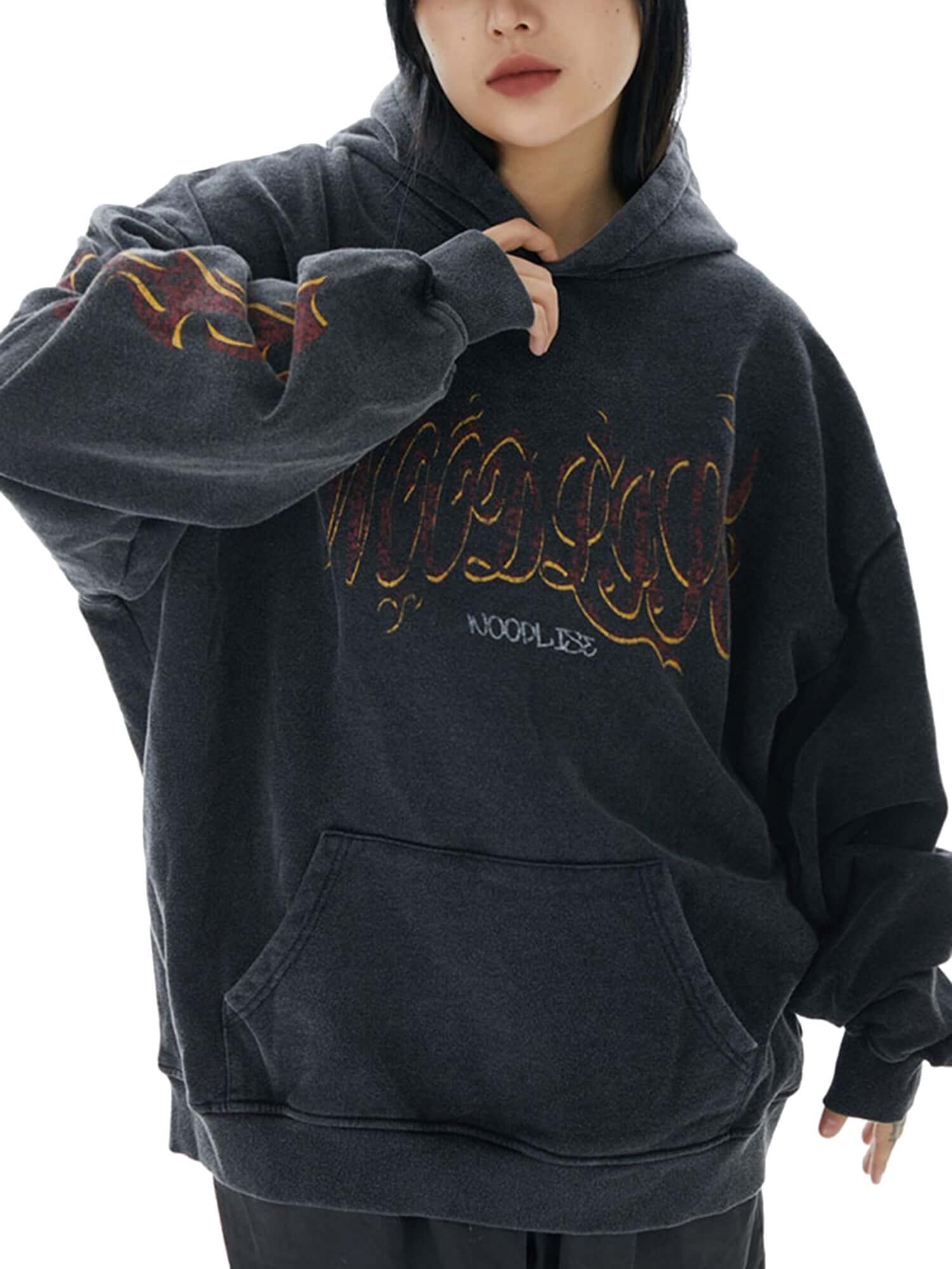 Bring the heat to your wardrobe with the Flame Letter Washed Hooded Sweatshirt. Designed in an oversized fit from a soft cotton blend, this hoodie features distressed flame graphics and gothic typography that create a raw, rebellious edge. Ribbed cuffs an