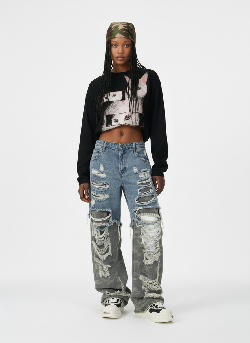 Camouflage Patchwork Ripped Cargo Jeans