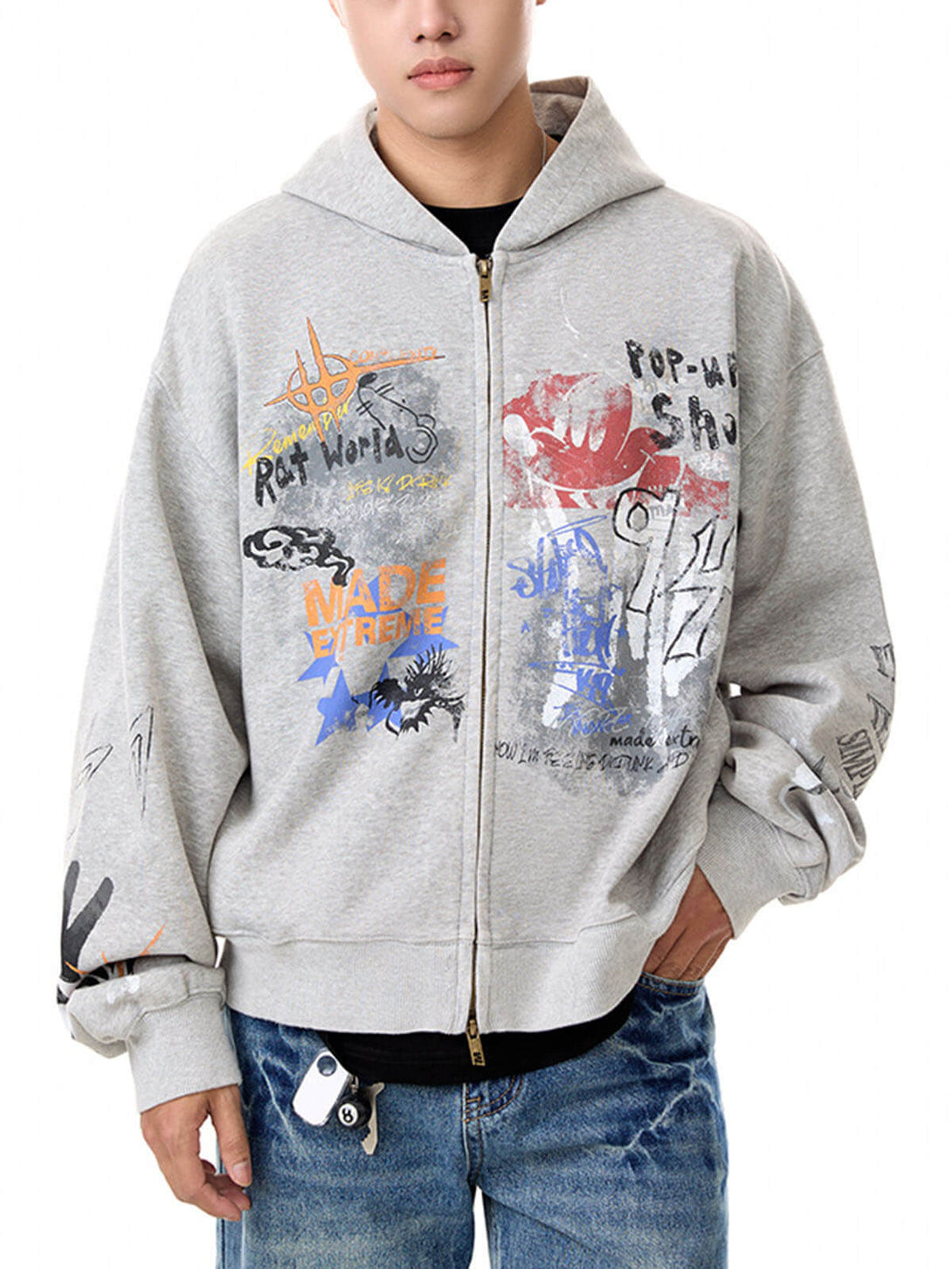 Level up your streetwear with the Graffiti Cardigan Hoodie — a bold blend of comfort, color, and anime-inspired edge. Made from a soft cotton blend, this zip-up hoodie features a striking graphic print influenced by the iconic Gundam series, offering both