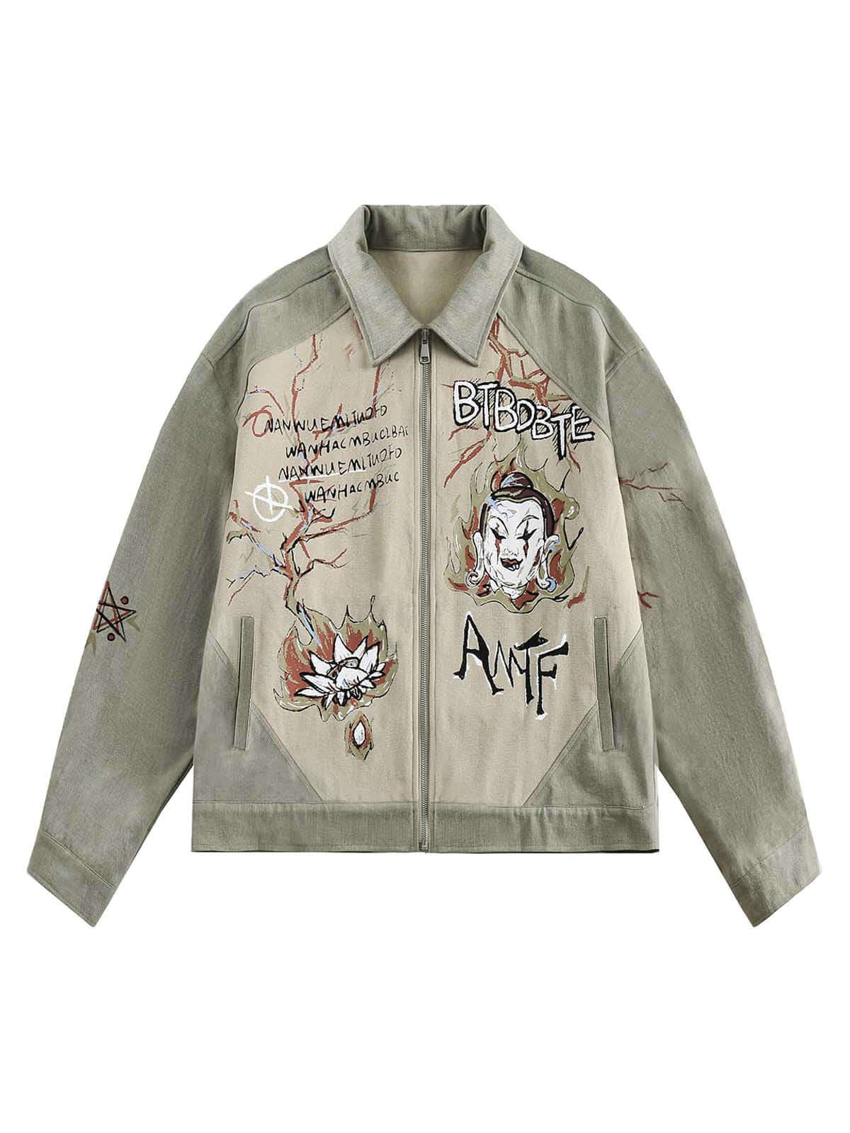 Make a bold statement with the Graffiti Patchwork Lapel Denim Jacket — where edgy graphics meet everyday comfort. Crafted from durable cotton twill, this standout piece features embroidered skulls, crossbones, and graffiti-style text across a patchwork de