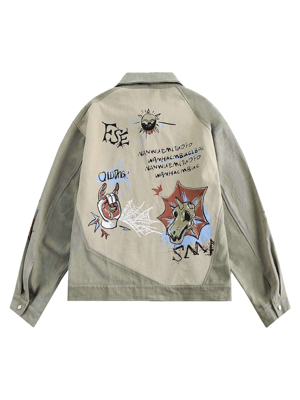 Make a bold statement with the Graffiti Patchwork Lapel Denim Jacket — where edgy graphics meet everyday comfort. Crafted from durable cotton twill, this standout piece features embroidered skulls, crossbones, and graffiti-style text across a patchwork de