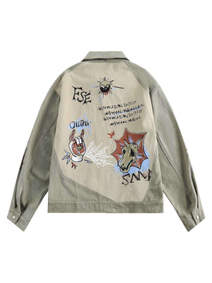 Make a bold statement with the Graffiti Patchwork Lapel Denim Jacket — where edgy graphics meet everyday comfort. Crafted from durable cotton twill, this standout piece features embroidered skulls, crossbones, and graffiti-style text across a patchwork de